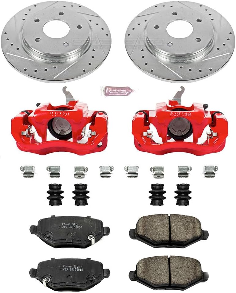 PowerStop Rear Brake & Caliper Kit for Cadillac Escalade 2015-20 |Escalade ESV 2015-20 - Drilled & Slotted Disc Rotors + Z36 Brake Pads + Red-Powder Coated Calipers, KC6562-36