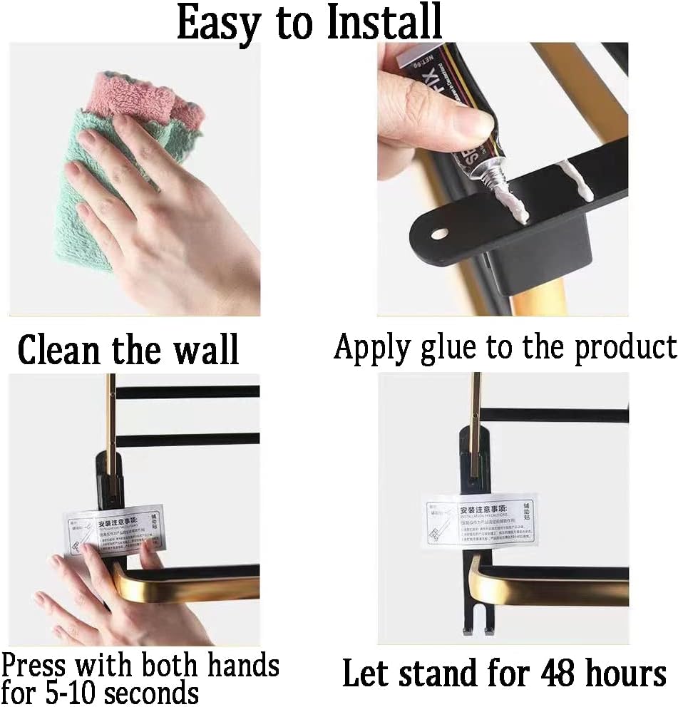 Modern Black and Gold Bathroom Towel Rack with Double Rail and Hooks Wall Mounted Aluminum Towel Storage Holder for No Drill Installation 60cm