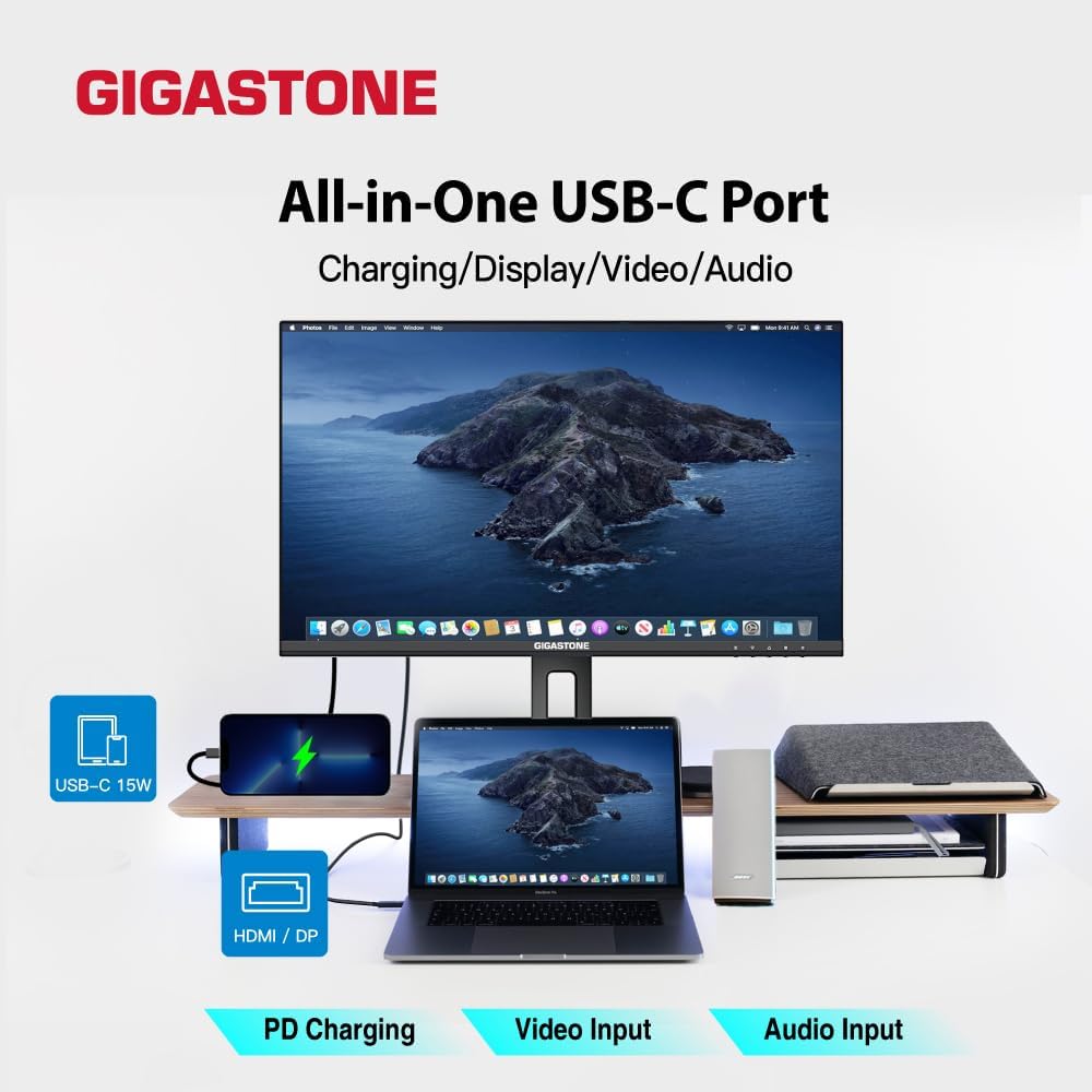 Gigastone 27 inch IPS Monitor, 100Hz FHD 1920 x 1080, MPRT 1ms,Built in Speakers,VESA Mount, Stand Height/Pivot/Swivel/Tilt Adjustable, USB-C/HDMI/Display Port Connectivity, Type C Charging to iPhone