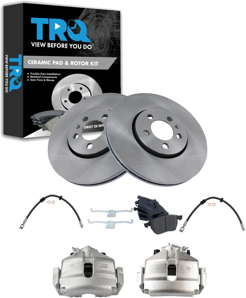 TRQ Front Brake Pad and Rotor Set Ceramic Rotors Calipers Hoses Wear Sensor Compatible with 2005 Volkswagen Jetta