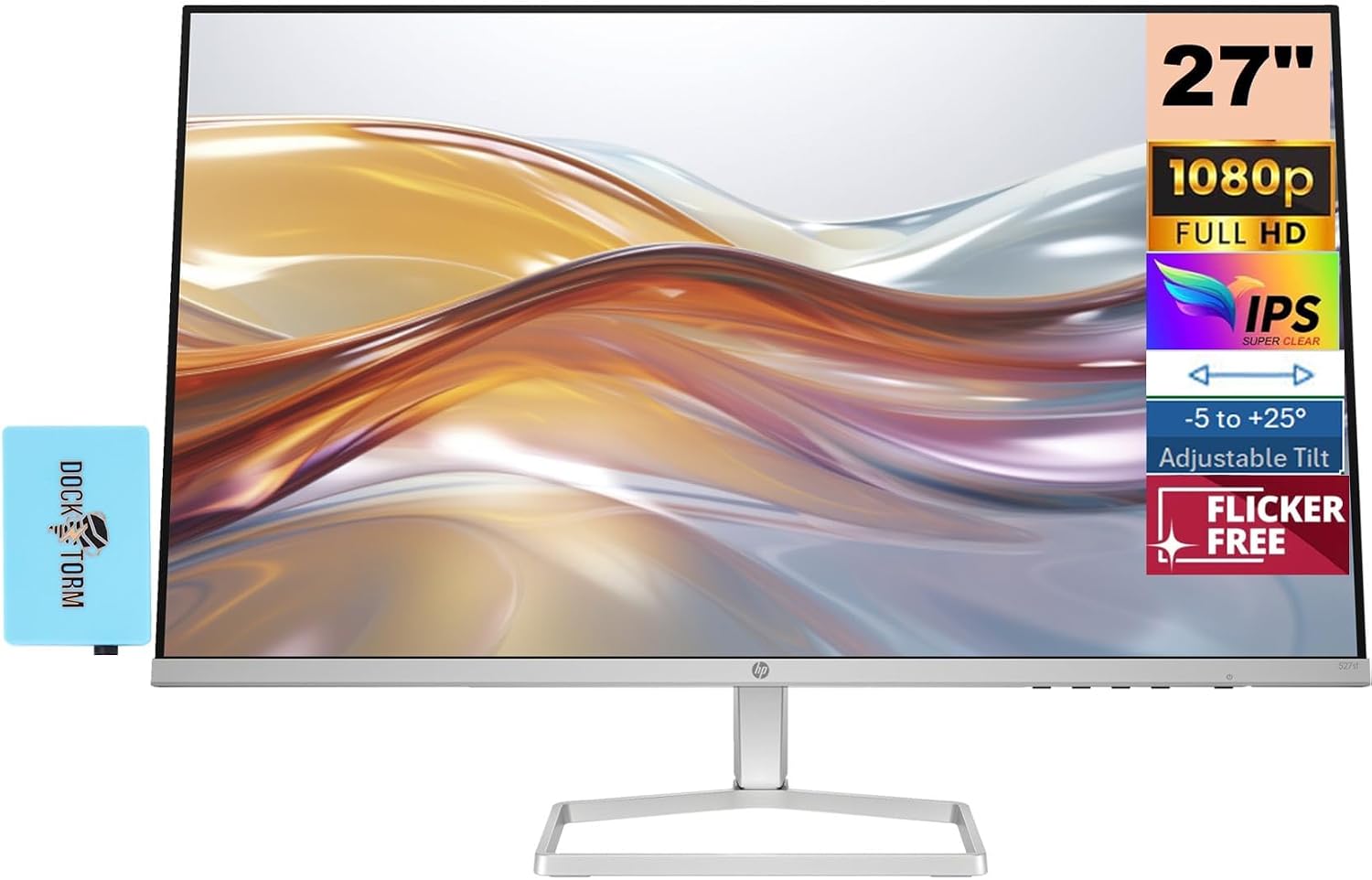 HP 27 inch 1080P Computer Monitor in SIlver and Black 27'' Full HD (1920 x 1080) 75Hz Anti-Glare IPS Display AMD FreeSync, 2 HDMI, 1 VGA, Accurate Color (2023 Model) Docztorm Dock - Pack of 2