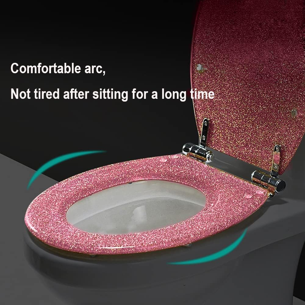 Toilet seat Soft Close Toilet seat Resin Glitter Toilet Seat, Sparkle Toilet Seat Cover Round Oval, Easy Installation and Cleaning, Soft Close Toilet Seat,Silver，Pink