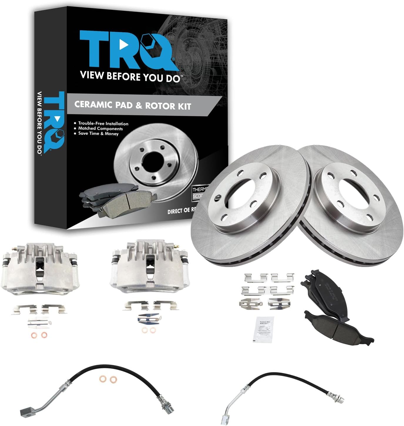 TRQ Front Brake Pad and Rotor Set Ceramic Vented Rotors Calipers Hoses Compatible with 1999-2002 Ford Mustang