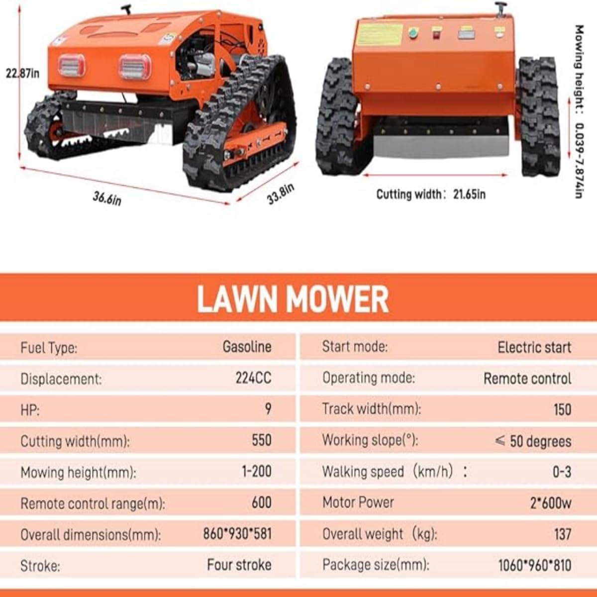 Heavy-Duty Remote Control Lawn Mower with 9Hp Four Stroke Gasoline Engine, Manganese Steel Blade, Adjustable Cutting Height and Speed, All Terrain Grass Cutter Yard Mower Remote Control