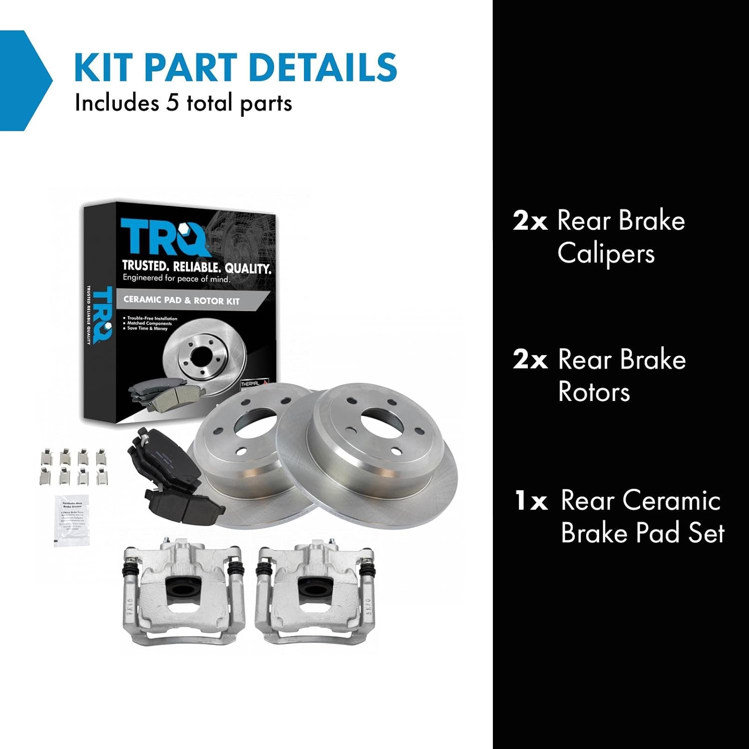 TRQ Rear Brake Pad and Rotor Set Ceramic Rotors Calipers Compatible with 2007-2017 Jeep Wrangler 2018 Wrangler JK