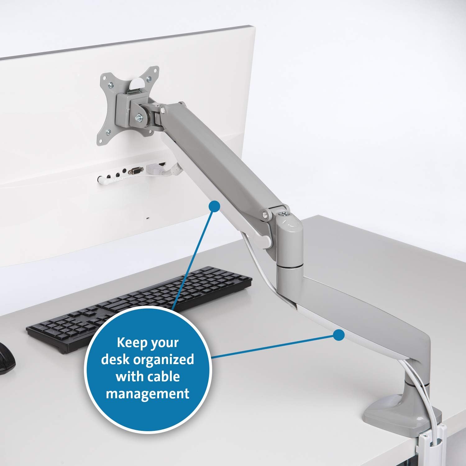 Kensington SmartFit One-Touch Monitor Arm – Height Adjustable Gas Spring for Single Monitor, 13″–32″, 360° Rotation, ±90° Tilt, Cable Management – White (K55470WW)