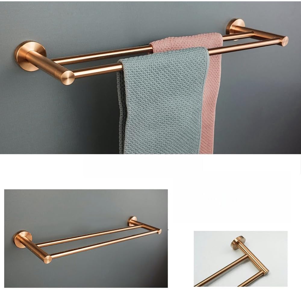 Brushed Rose Gold Stainless Steel Wall-Mounted Towel Stick Toilet Bathroom Robe Hook Soap Dishwasher Quality Set,Double Towel Bar