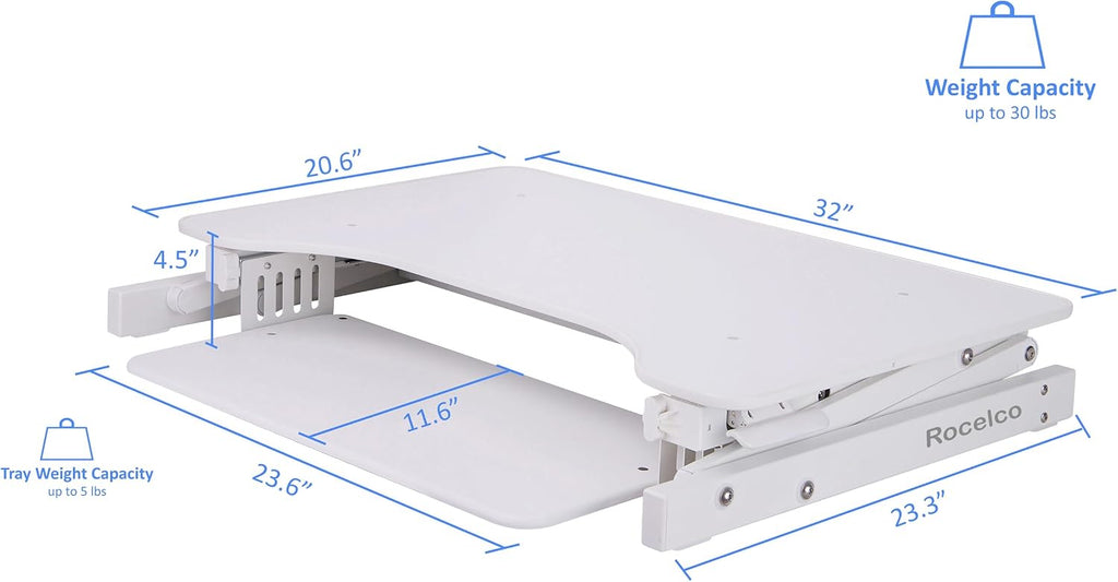 Rocelco 32' Height Adjustable Standing Desk Converter - Quick Sit Stand Up Dual Monitor Riser - Gas Spring Assist Tabletop Computer Workstation - Large Retractable Keyboard Tray - White (R ADRW)