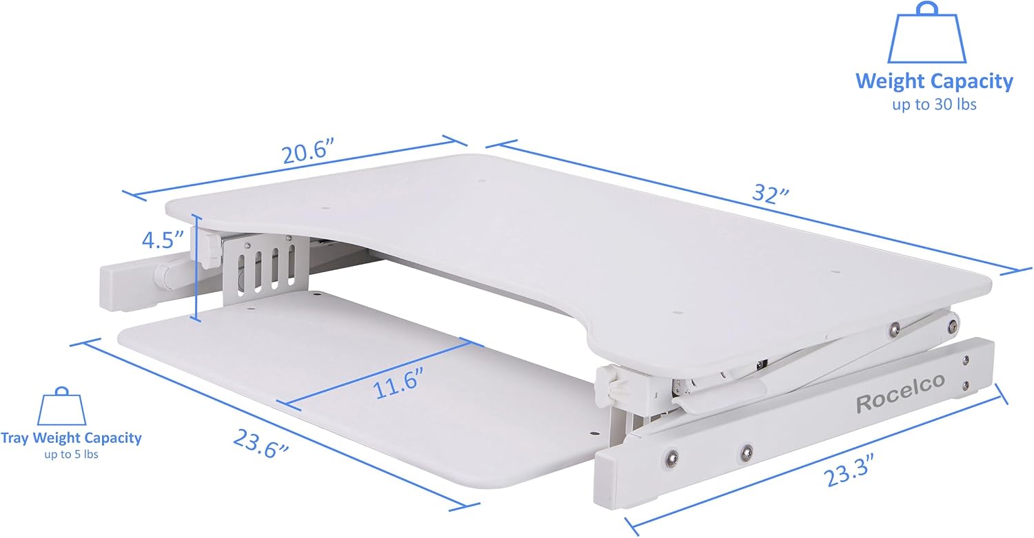 Rocelco 32' Height Adjustable Standing Desk Converter - Quick Sit Stand Up Dual Monitor Riser - Gas Spring Assist Tabletop Computer Workstation - Large Retractable Keyboard Tray - White (R ADRW)
