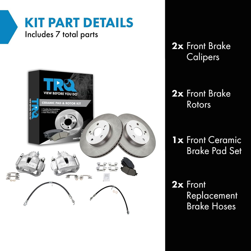 TRQ Front Brake Pad and Rotor Set Ceramic Rotors Calipers Hoses Compatible with 2005-2006 Toyota Camry 2004-2008 Solara
