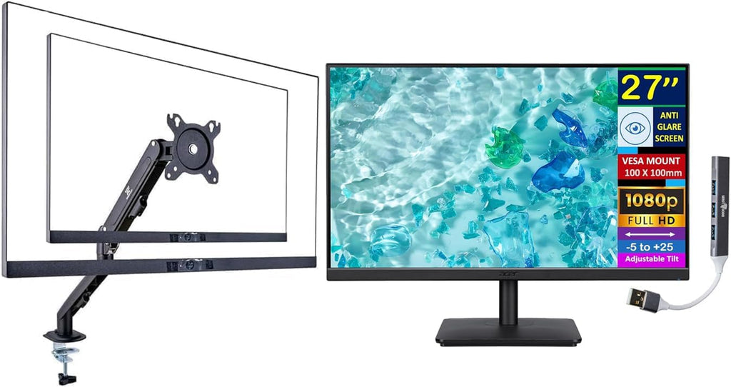 acer 27' FHD IPS Monitor with 4ms Response Time, Anti Glare, VESA Mount (100mm), HDMI, VGA & Black Color with DKZ Hub & ErgoFlexy Single Monitor Mount