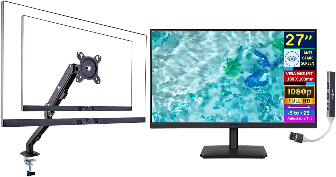 acer 27' FHD IPS Monitor with 4ms Response Time, Anti Glare, VESA Mount (100mm), HDMI, VGA & Black Color with DKZ Hub & ErgoFlexy Single Monitor Mount
