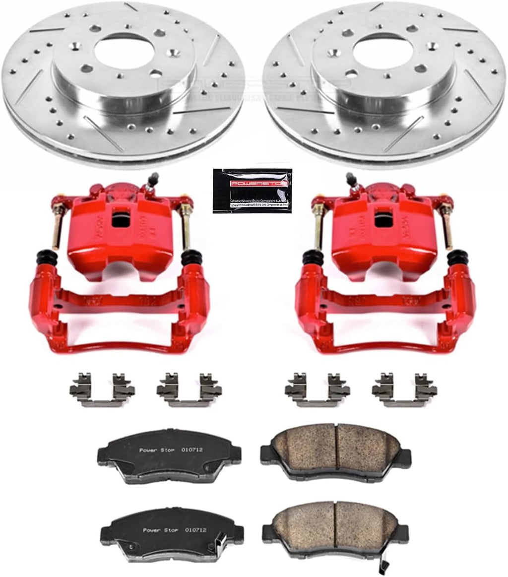 PowerStop Front Brake & Caliper Kit for Honda Fit 2007-08 - Carbon-Fiber Ceramic Brake Pads + Drilled & Slotted Rotors + Red Powder Coated Calipers, KC694