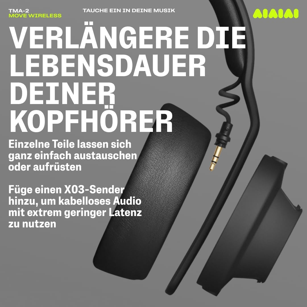 AIAIAI TMA-2 Move Wireless Headphones - Bluetooth 5.3, S11 Bio-Diaphragm Drivers, 40+ Hour Battery, Modular Design - Black Over Ear Headphones with X03 Transmitter Compatible for Ultra-Low Latency