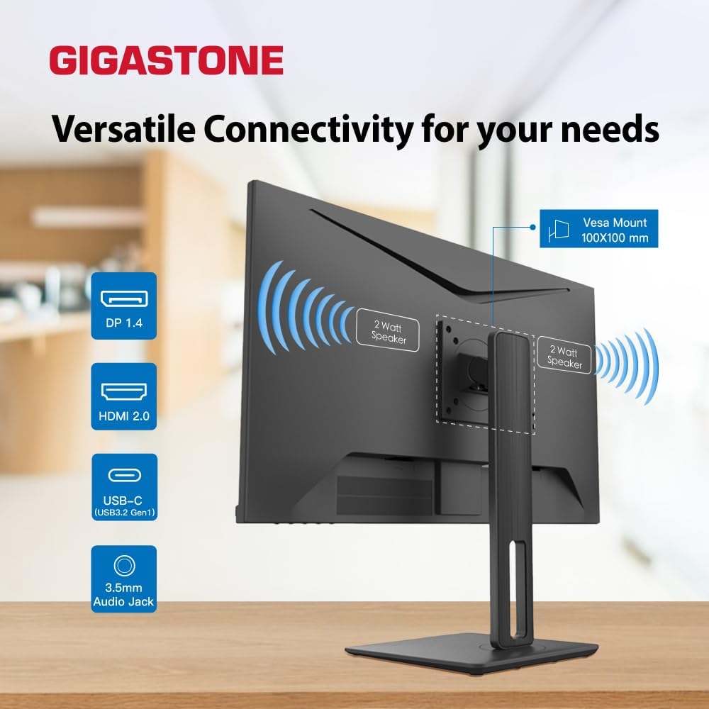 Gigastone 27 inch IPS Monitor, 100Hz FHD 1920 x 1080, MPRT 1ms,Built in Speakers,VESA Mount, Stand Height/Pivot/Swivel/Tilt Adjustable, USB-C/HDMI/Display Port Connectivity, Type C Charging to iPhone