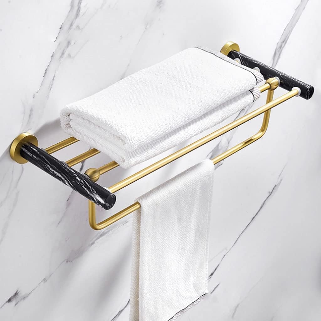 Towel Racks Black Marble Towel Rack Brushed Gold Space Aluminum Towel Holder Bathroom Wall Mounted Double Towel Bar Storage Shelf Organizer