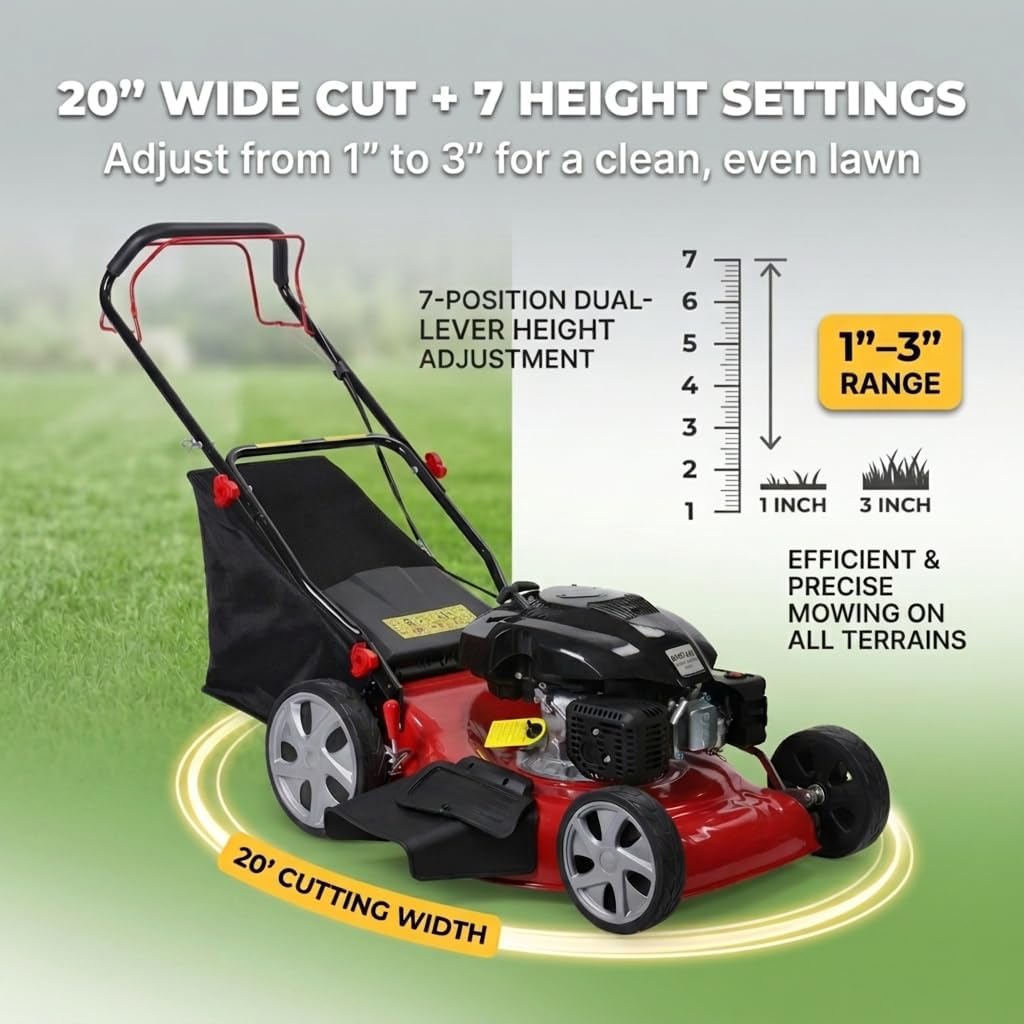Self Propelled Gas Lawn Mower, 20-Inch Cutting Deck, 141cc 4-Stroke Engine, Walk-Behind Lawn Mower with 3-in-1 Mulching, Side Discharge and Rear Bagging, 7-Level Height Adjustment, 13.2-Gallon Bag
