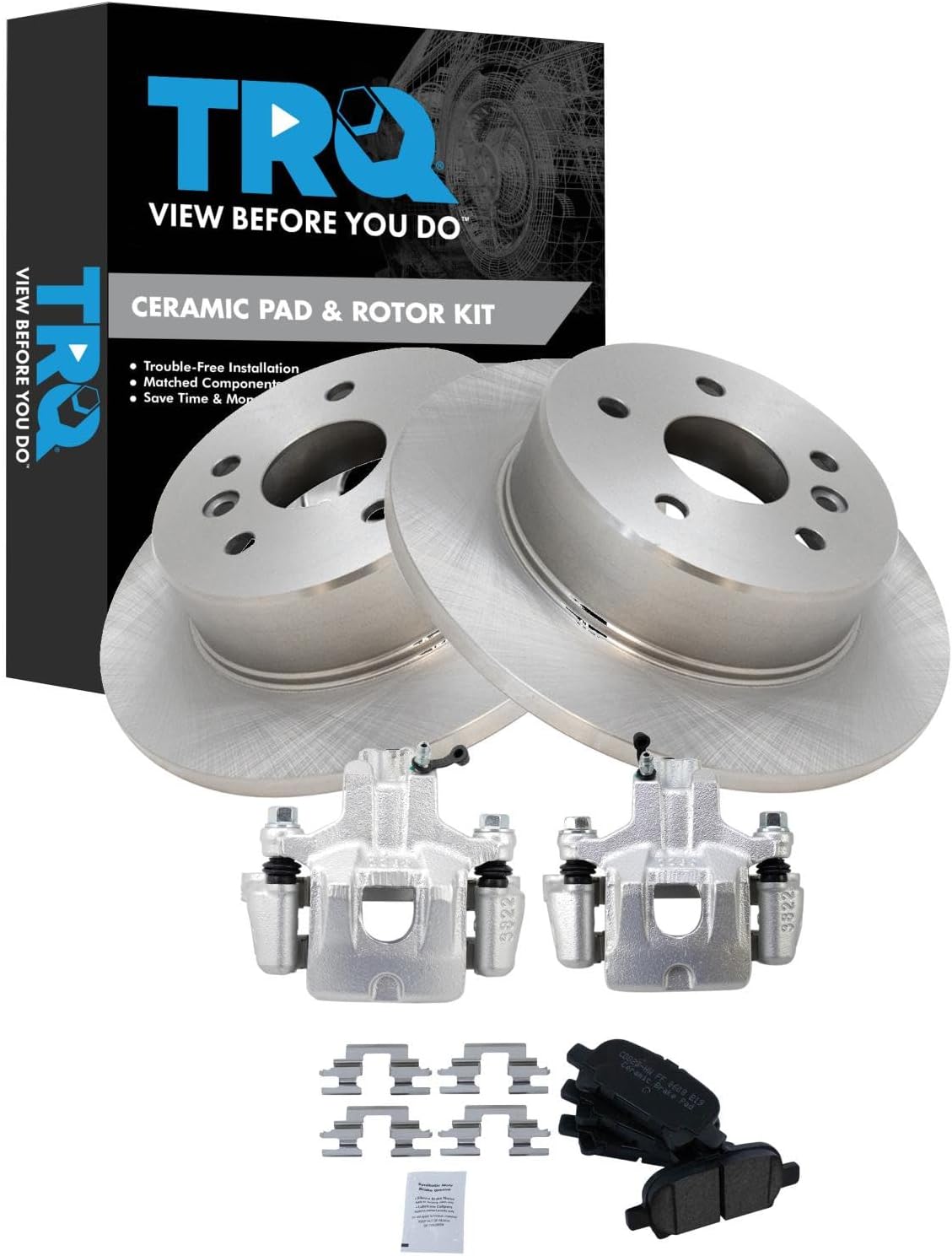TRQ Rear Brake Pad and Rotor Set Ceramic Solid Rotors Calipers Compatible with 2000-2004 Toyota Avalon