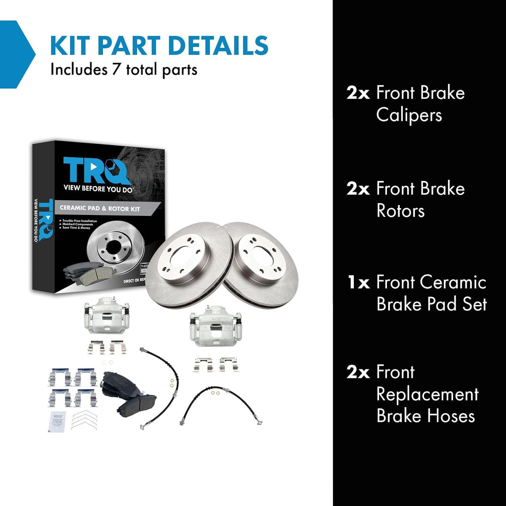 TRQ Front Brake Pad and Rotor Set Ceramic Vented Rotors Calipers Hoses Compatible with 1999 Nissan Maxima
