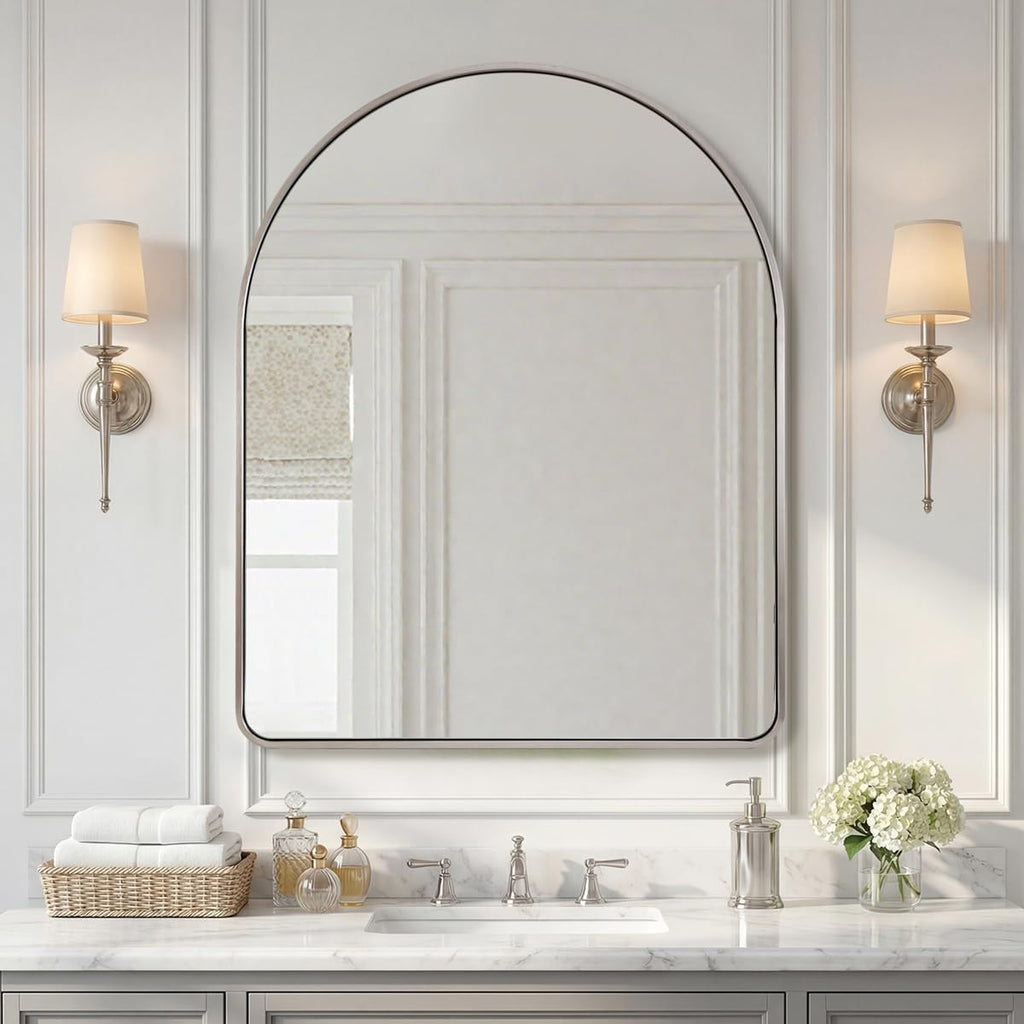 ANDY STAR Arched Wall Mirror, 24x30'' Brushed Nickel Bathroom Mirror, Arch Bathroom Mirror SUS304 Stainless Steel Frame 1'' Deep Set Wall Mounted Vertical for Bathroom Remodel,Over Sinks, Home Decor