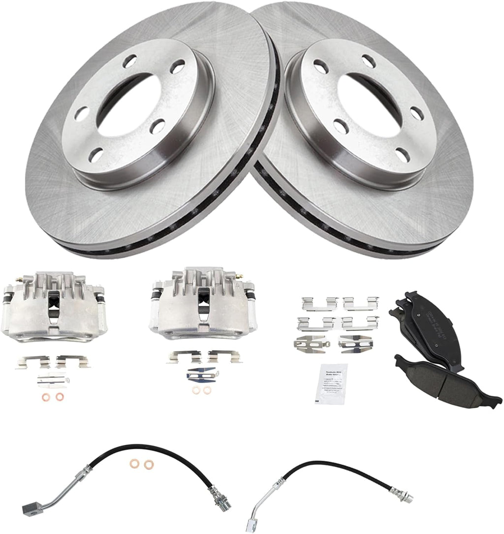 TRQ Front Brake Pad and Rotor Set Ceramic Vented Rotors Calipers Hoses Compatible with 1999-2002 Ford Mustang