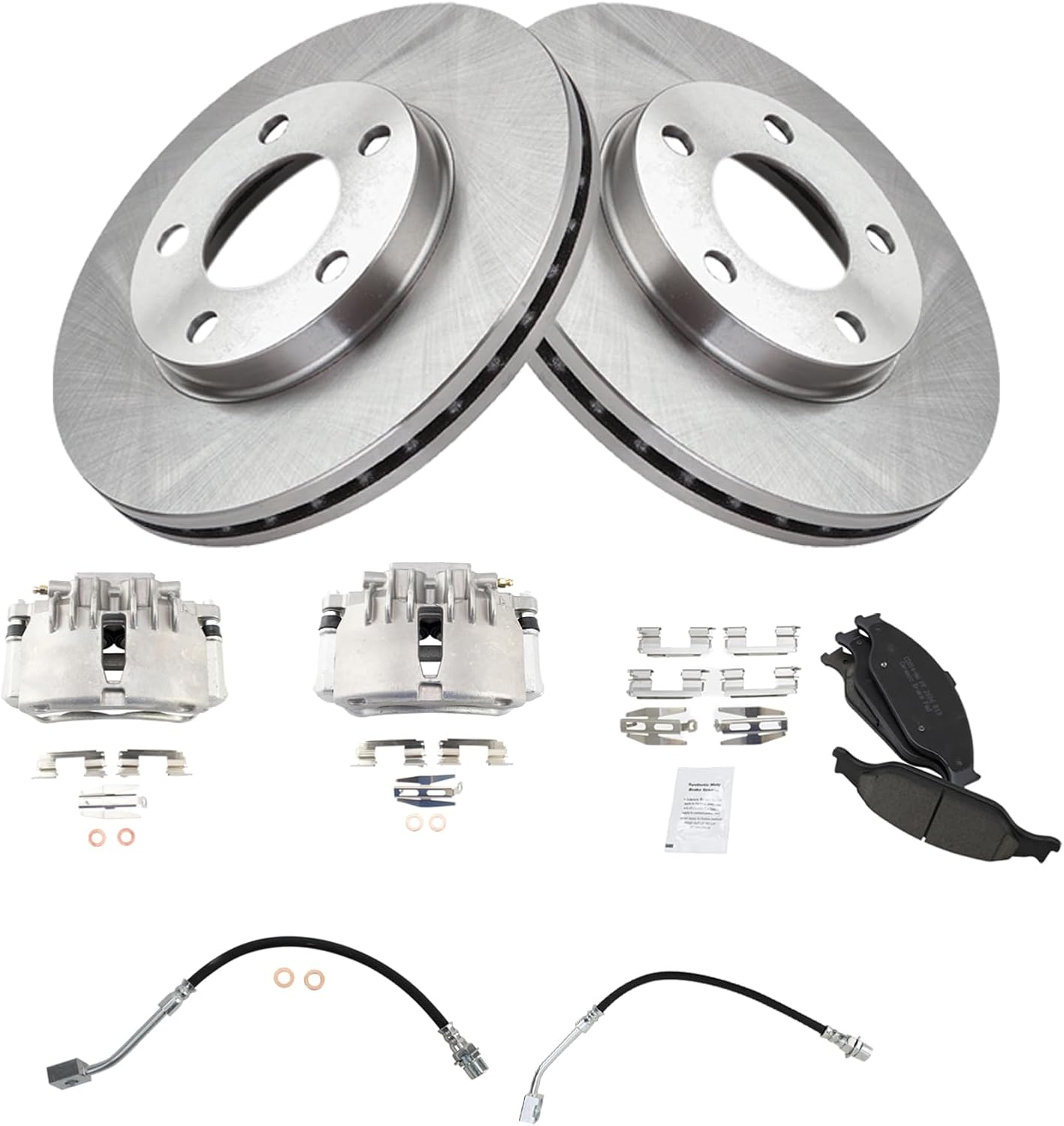 TRQ Front Brake Pad and Rotor Set Ceramic Vented Rotors Calipers Hoses Compatible with 1999-2002 Ford Mustang