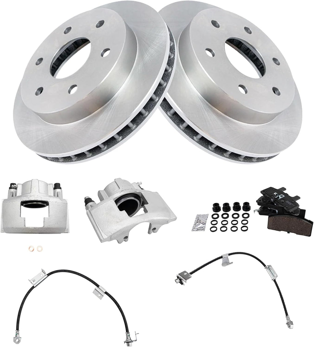 TRQ Front Brake Pad and Rotor Set Ceramic Rotors Calipers Hoses Compatible with 2000 Cadillac Escalade