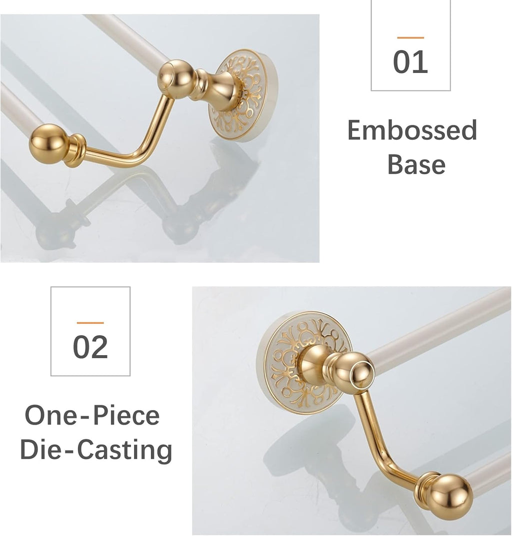 Aluminum Alloy Towel Rack ，Foldable Bathroom Towel Holder ，Towel Rail Bar,All Aluminum Double Towel Hanger Rack,Wall Mounted Towel Holder,Bathroom Accessories,Screws Mounting,Gold and White(100cm)