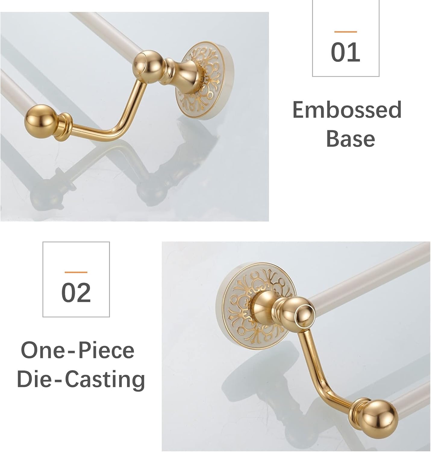 Aluminum Alloy Towel Rack ，Foldable Bathroom Towel Holder ，Towel Rail Bar,All Aluminum Double Towel Hanger Rack,Wall Mounted Towel Holder,Bathroom Accessories,Screws Mounting,Gold and White(60cm)