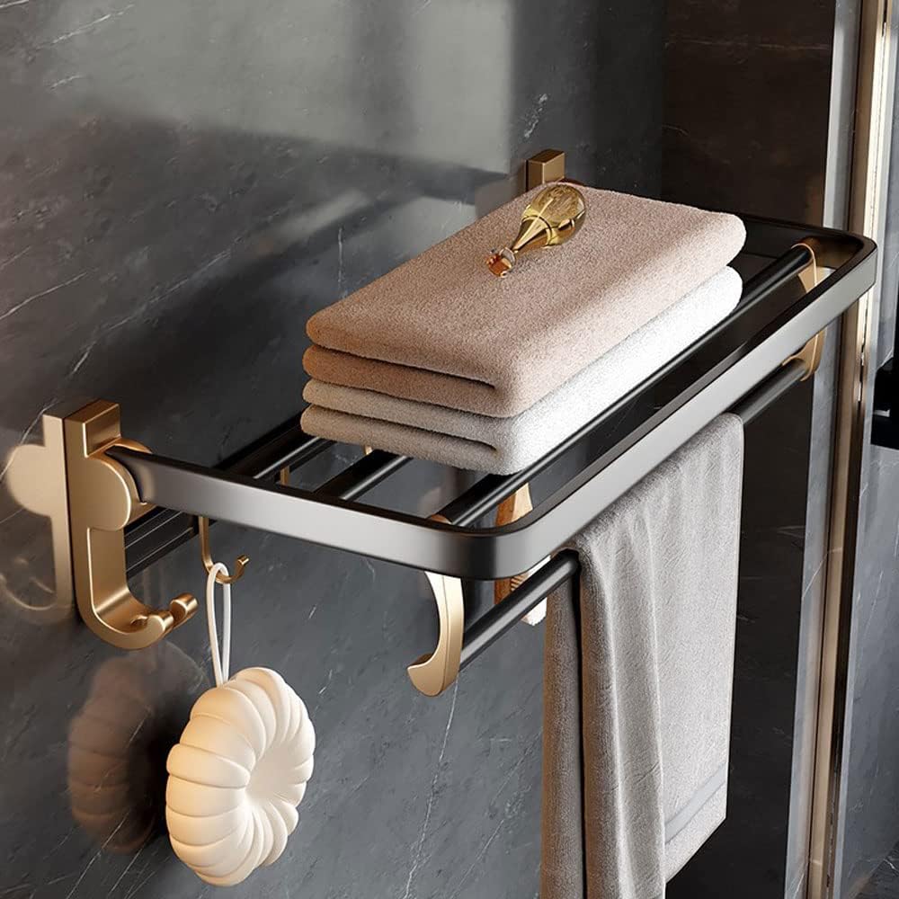 Modern Black and Gold Bathroom Towel Rack with Double Rail and Hooks Wall Mounted Aluminum Towel Storage Holder for No Drill Installation 60cm