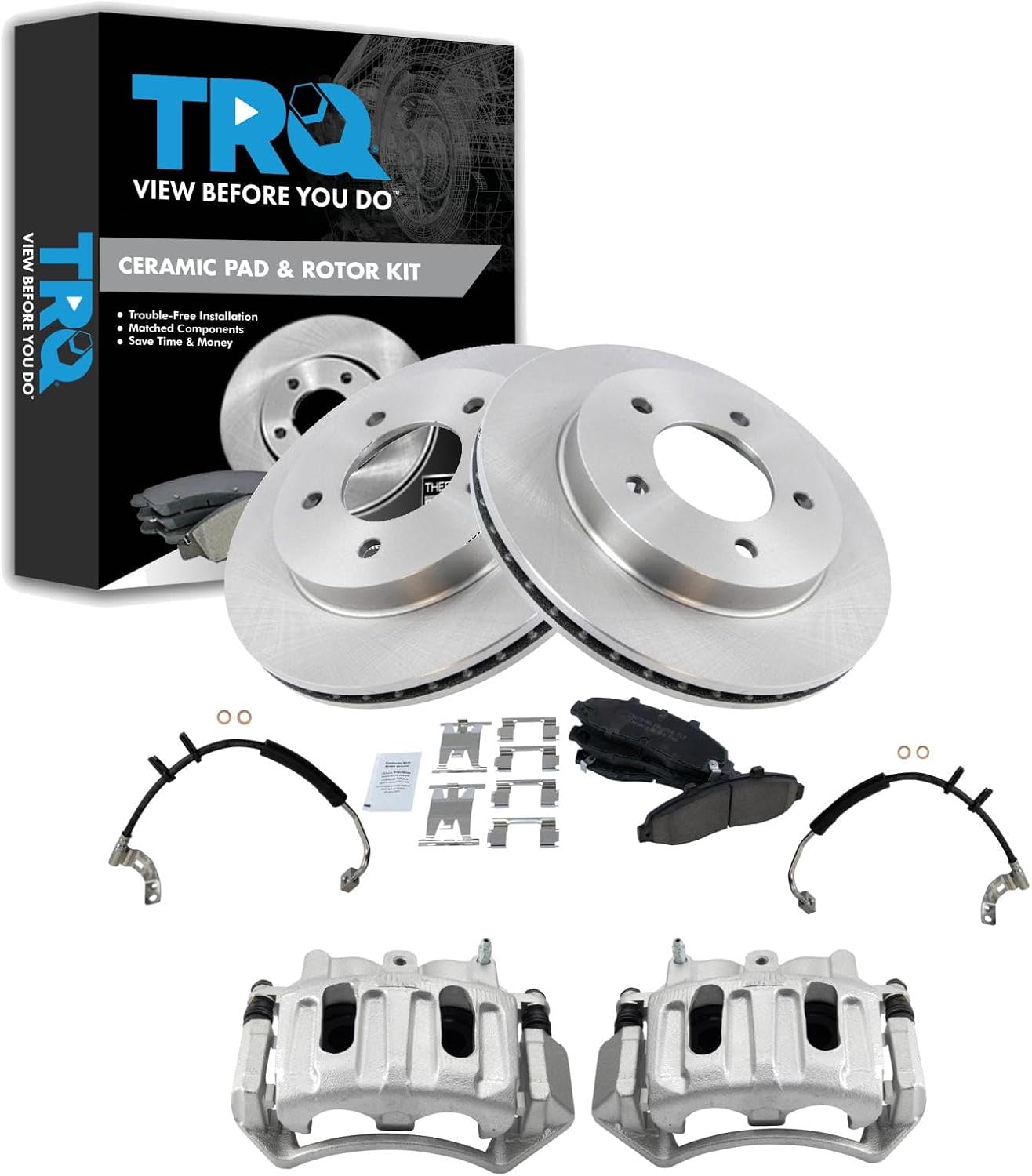 TRQ Front Brake Pad and Rotor Set Ceramic Rotors Calipers Hoses Compatible with 1999-2003 Ford F-150 2004 F-150 Heritage