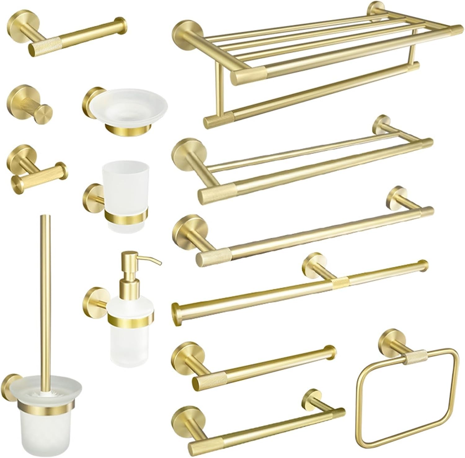 Brushed Gold Bathroom Accessories Towel Holder Cup Holder Towel Ring Hanger Paper Holder Toilet Holder Coat Hook(4 Pieces Set B)