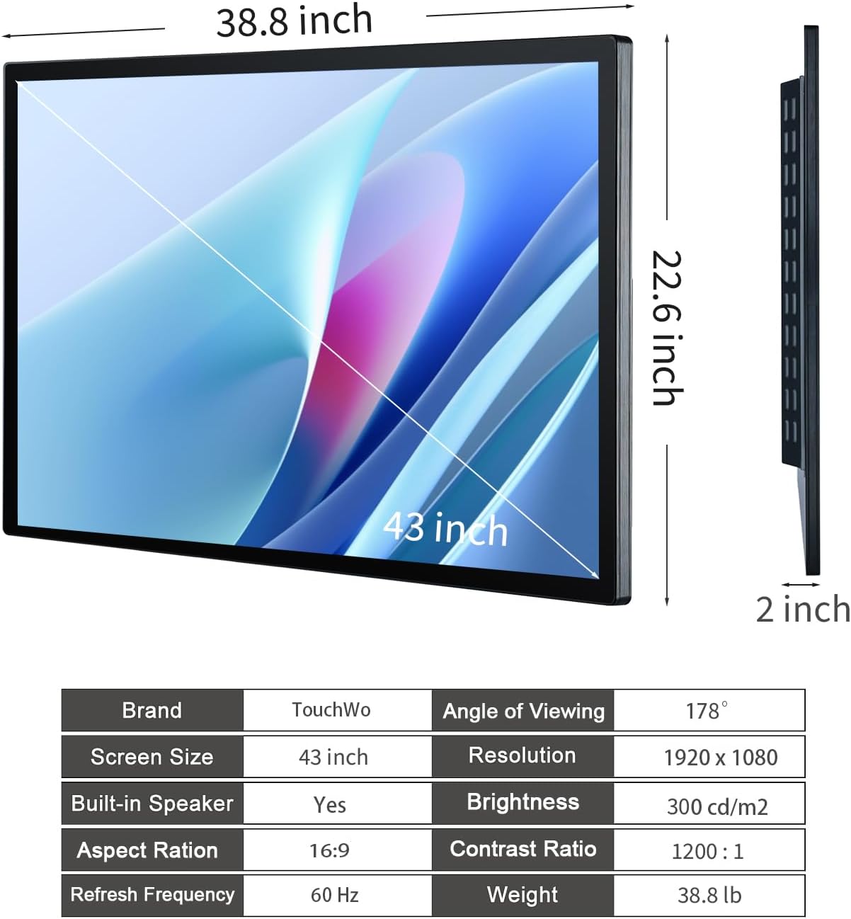 43 inch Capacitive Multi-Touch Screen Industrial Monitor, 16:9 Display 1920 x 1080P, Built-in Speakers, USB, VGA, DVI & HD-MI Ports, Digital Signage Displays and Player for Advertising