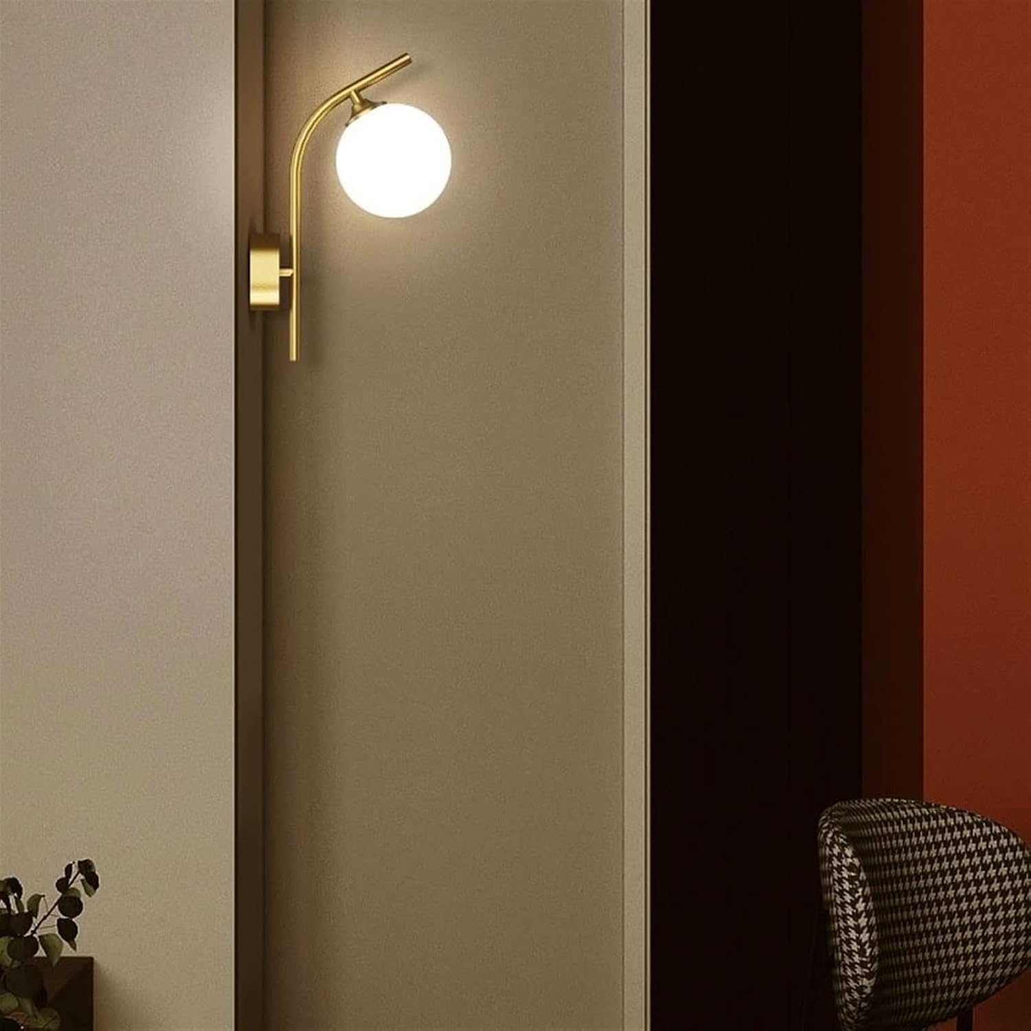 Modern Indoor Wall Sconce Lighting Fixture, Gold Wall Mounted Lamp, Creative LED Wall Light for Living Room Bedroom Bedside Corridor Stairway Bathroom, Brass Finish - White Glass Shade
