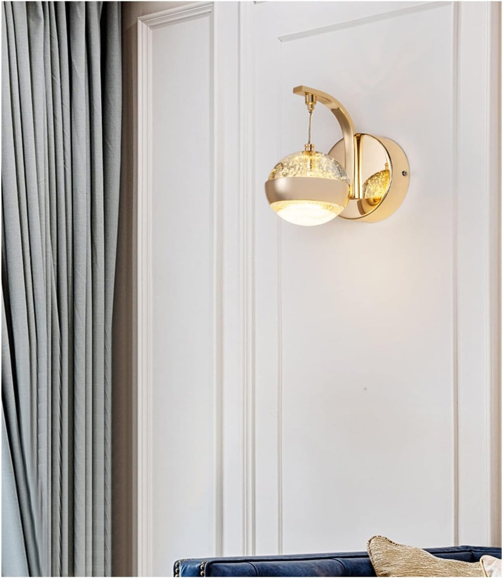Modern Crystal Wall Sconces, Warm Light Lamp, Gold Metal Spherical Lights Fixtures, Bathroom Vanity Lighting for Bedroom Bedside Hallway Living Room