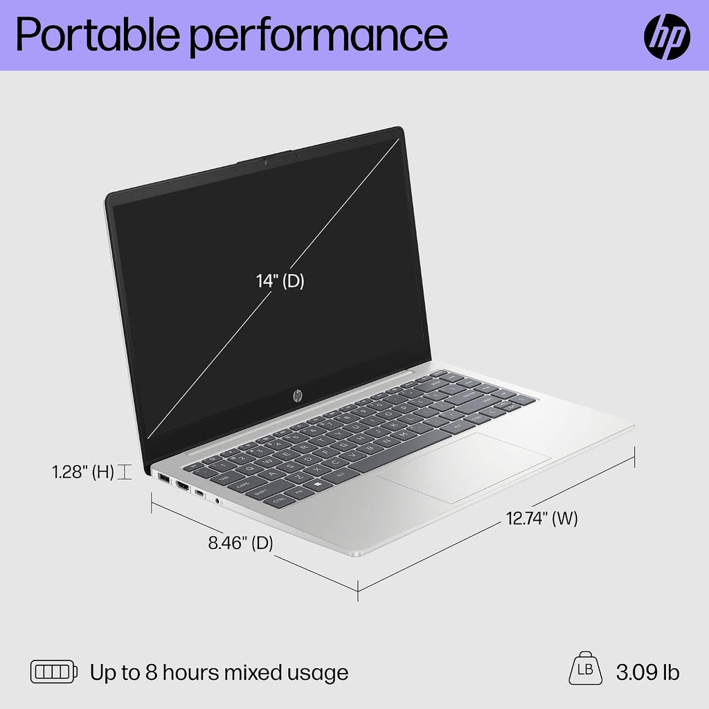 HP 14 inch FHD Display Slim Laptop | Intel Core i7-1355U Processor | Intel Iris Xe Graphics |Webcam | Silver | 32GB RAM | 512GB SSD | Windows 11 Home | Bundle with USB 3.0 Hub