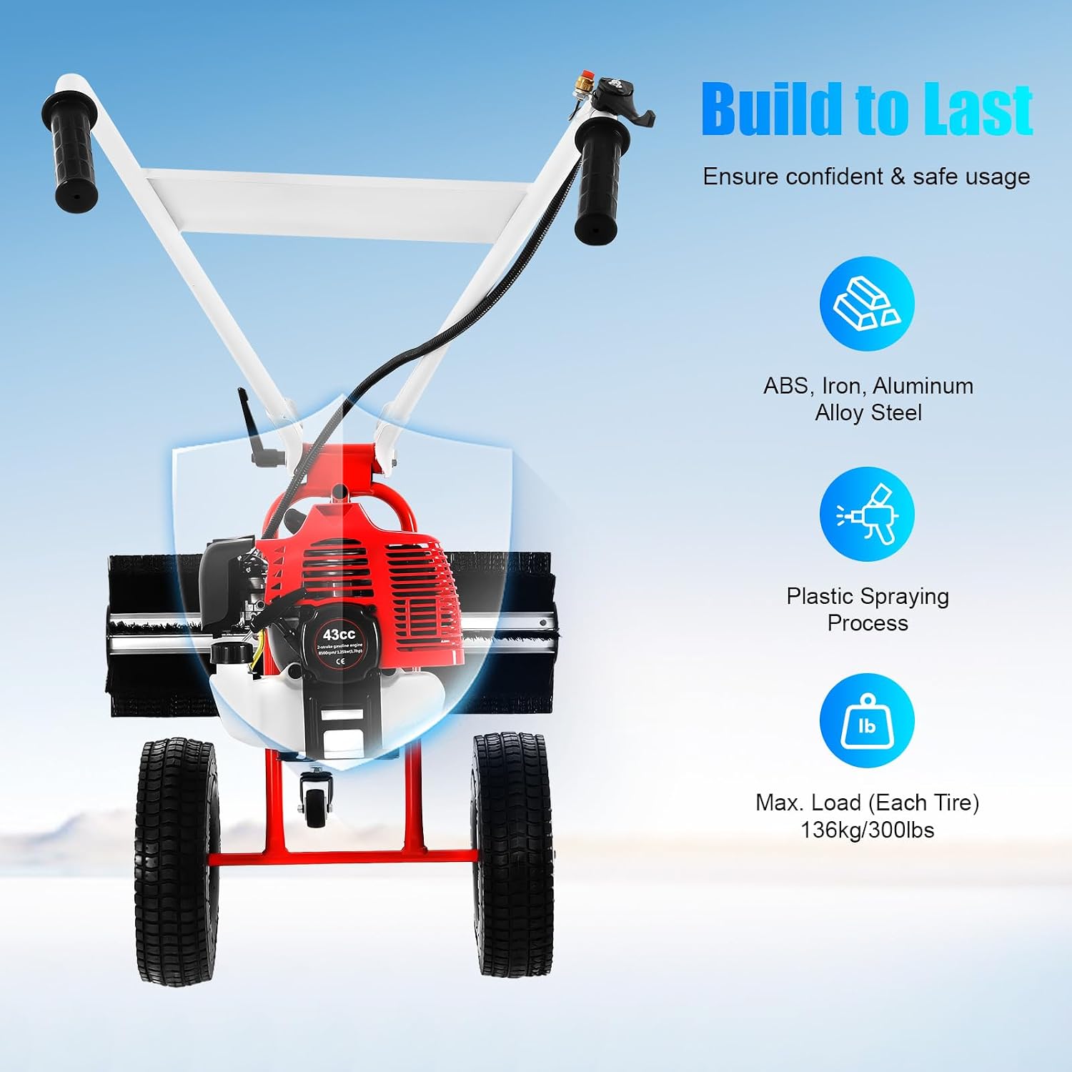 43CC 2-Stroke Gas Push Lawn Sweeper Broom, 1.7HP Gas Walk Behind Push Lawn Sweeper Handheld Walk Behind Snow Sweeper Broom Portable Driveway Turf Grass Cleaning Tool for Garden Yard Sidewalk