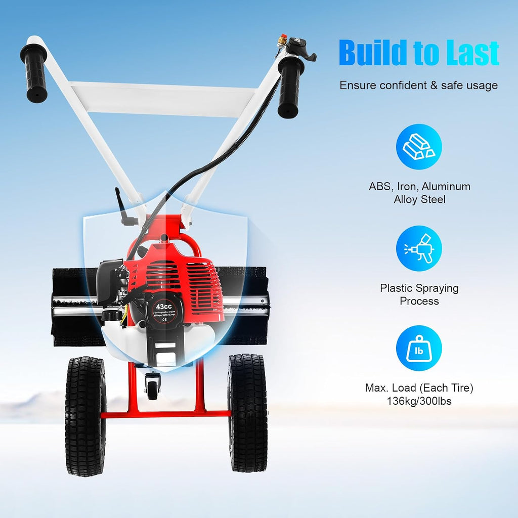 1.7HP Gas Power Broom Sweeper, 43CC 2 Stroke Walk Behind Hand Snow Sweeper, Portable Artificial Grass Brush Handheld Turf Lawn Sweeper Device, 8500RPM, for Garden Lawn Yard
