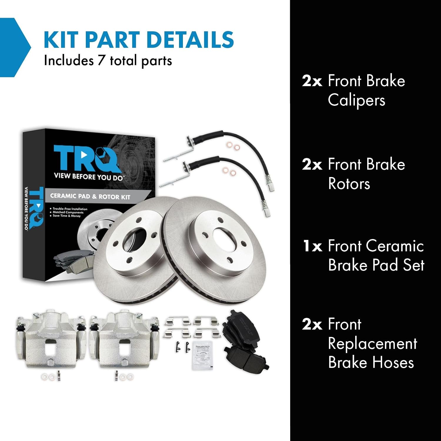 TRQ Front Brake Pad and Rotor Set Ceramic Rotors Calipers Hoses Compatible with 2007-2010 Chevrolet Cobalt 2007-2009 Pontiac G5 2003-2007 Saturn Ion