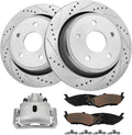 Detroit Axle - Rear Brake Kit for 2005-2018 Dodge Ram 1500 2004-2009 Durango 07-09 Chrysler Aspen Drilled Brake Rotors Brake Caliper Ceramic Brakes Pads Replacement [13.86 inch Rotors]