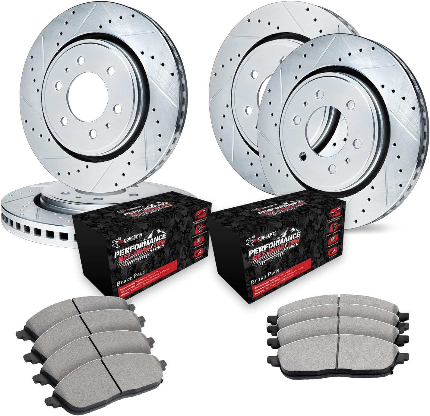 R1 Concepts Front and Rear Brake Kit Fits 2019-2025 Ram 1500| Off-Road/Tow Brake Pads and Drilled Slotted Brake Rotors| 14.9' Front & 14.8' Rear