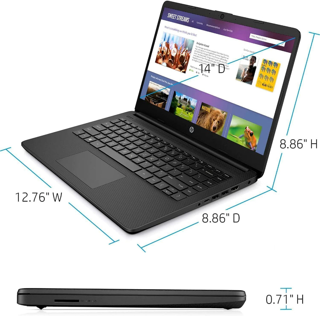 HP New 14' HD Ultra Light Thin Laptop, Quad-Core Intel Celeron Processor, 16GB RAM, 320GB (64GB eMMC+ 256GB Card), Wi-Fi, Upto 11 Hours, Windows 11 S + 1 Year Office 365+HubxcelAccessory, Black