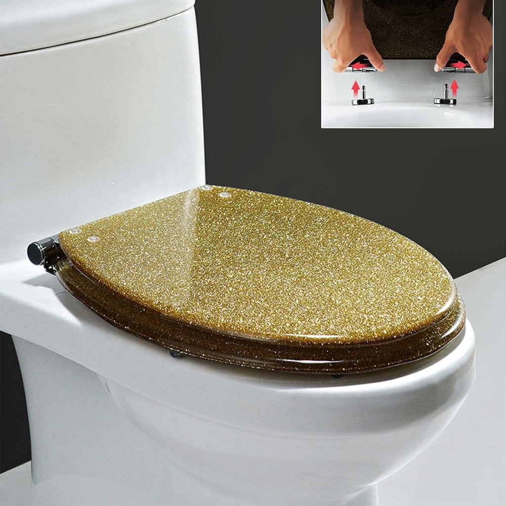 Glitter Toilet Seat, Round, Resin Toilet Seat Cover, Easy Installation And Cleaning, Soft Close Toilet Seats (Gold, Silver, Black, Pink) 36 * 42Cm,Gold