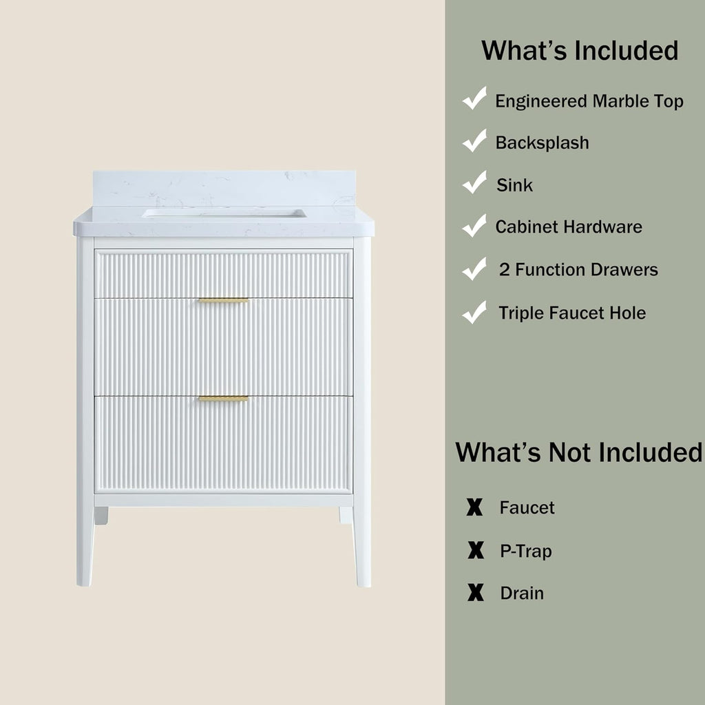 30-Inch Fully Assembled Freestanding Single Sink Bathroom Vanity, Solid Rubber Wood Cabinet with Engineered Carrara Marble Top & Backsplash, White