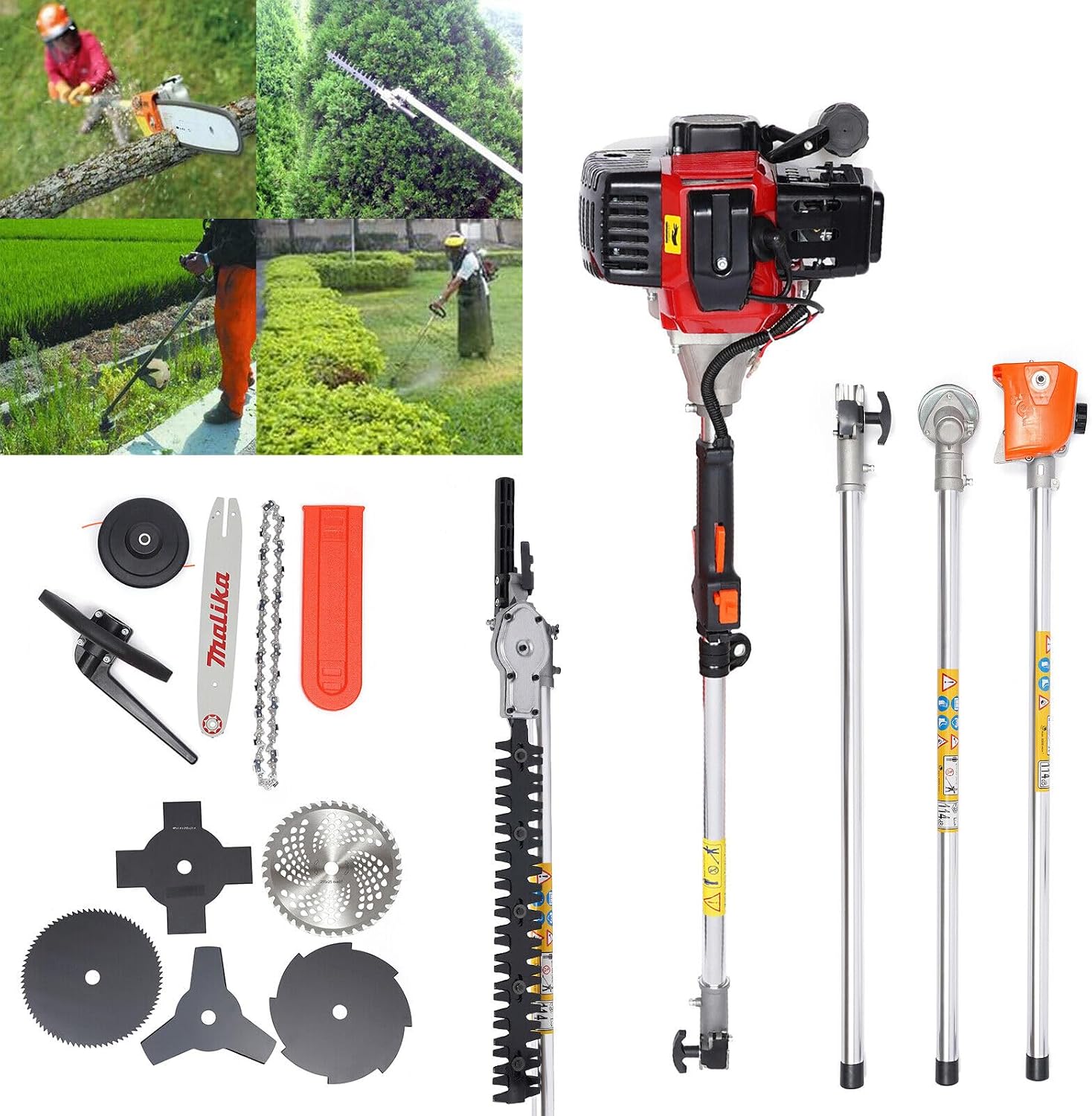 52CC Weed Wacker Gas Powered, 2-Stroke 10 in 1 Cordless String Trimmer Weed Eater with 3T/4T/8T/80T/40T Saw Blade, 4 Aluminum Weeding Ropes and 2T Diamond Blade for Yard Lawn