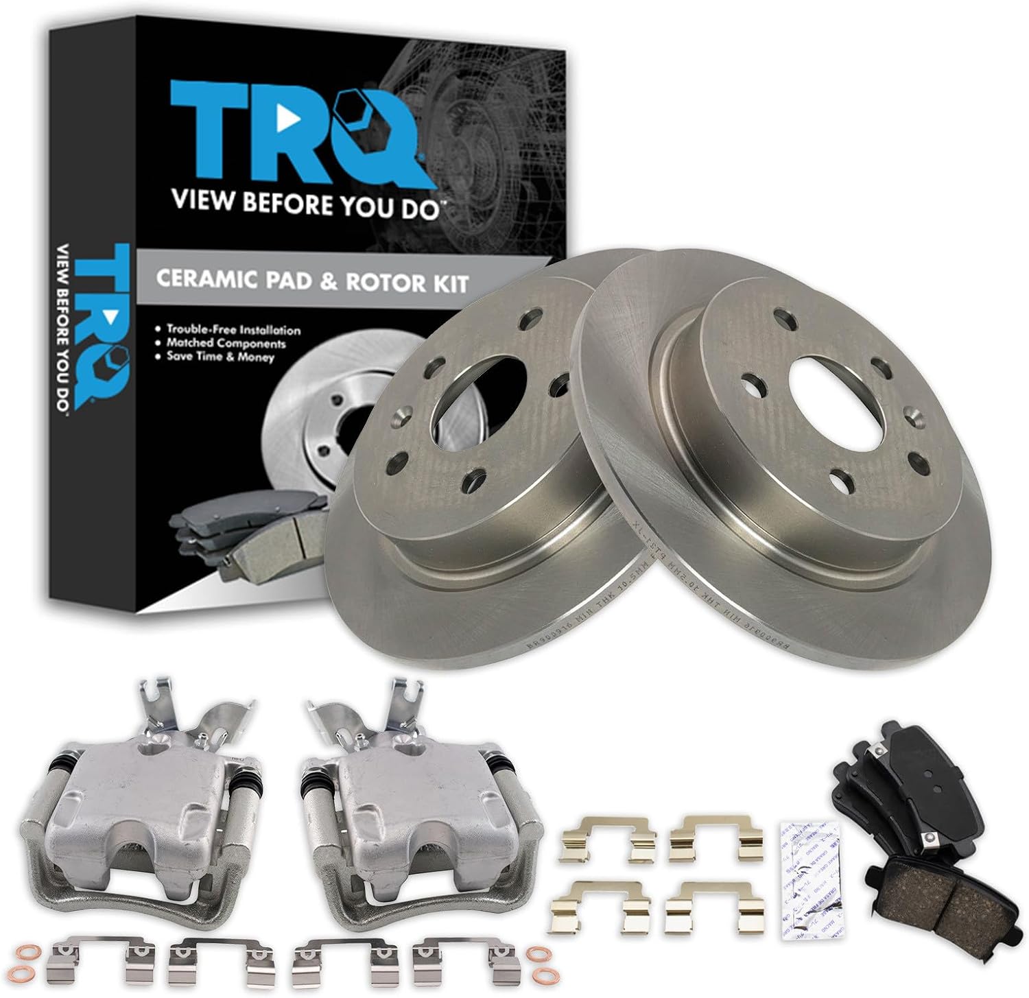 TRQ Rear Brake Pad and Rotor Set Ceramic Solid Rotors Calipers Compatible with 2014-2015 Chevrolet Malibu L4 2.0L