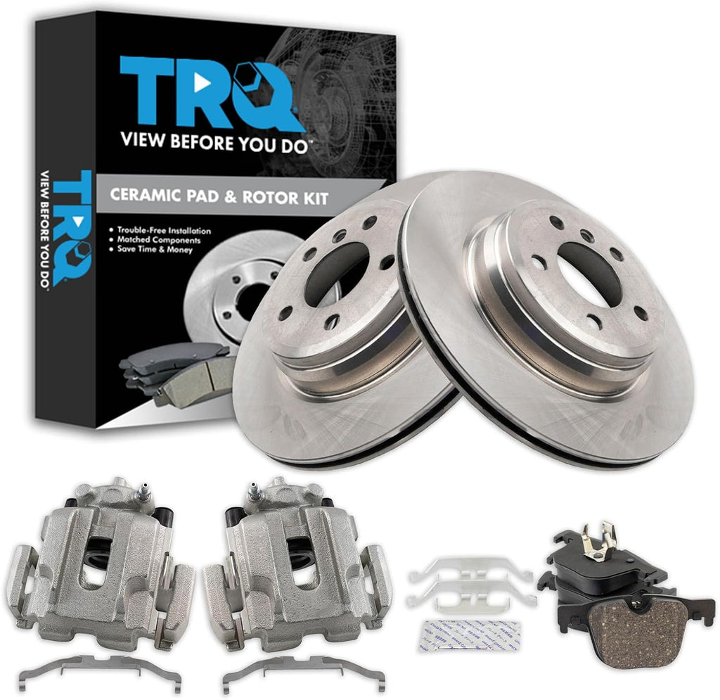 TRQ Rear Brake Pad and Rotor Set Ceramic Vented Rotors Calipers Compatible with 2012-2013 BMW 335i