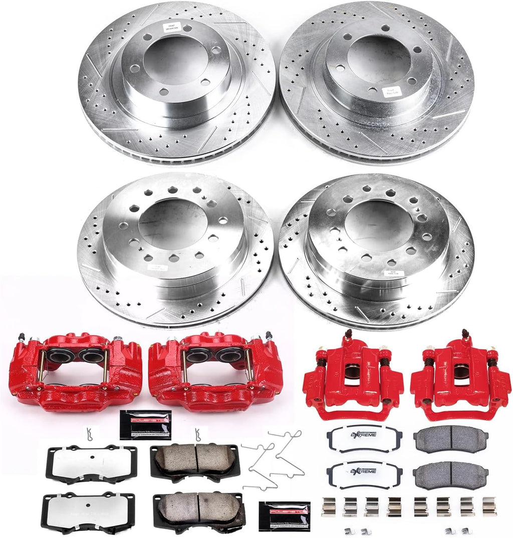 PowerStop Front and Rear Brake & Caliper Kit for Lexus GX470 2003-09 - Drilled & Slotted Disc Rotors + Z36 Brake Pads + Red-Powder Coated Calipers, KC2422A-36