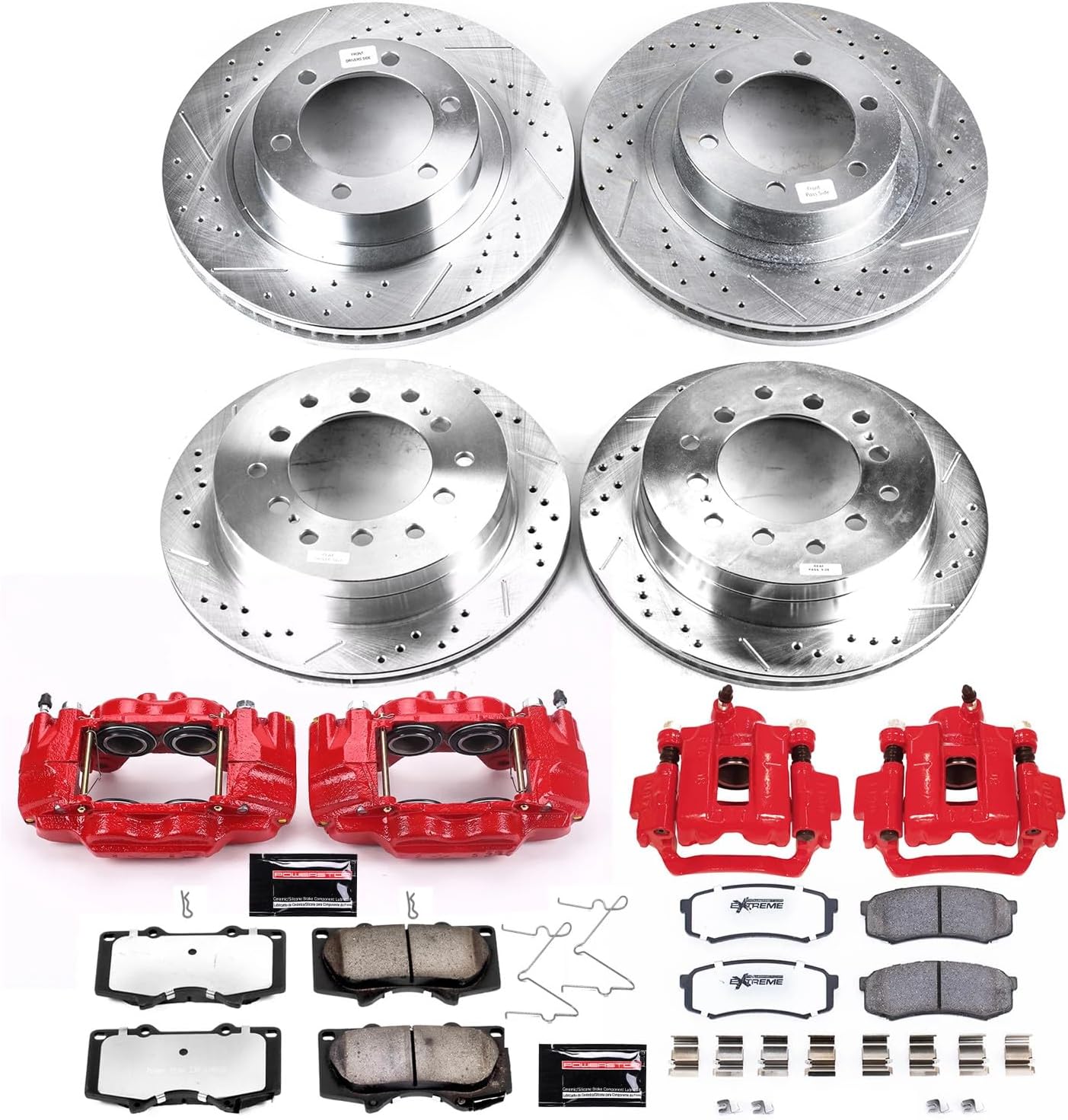 PowerStop Front and Rear Brake & Caliper Kit for Lexus GX470 2003-09 - Drilled & Slotted Disc Rotors + Z36 Brake Pads + Red-Powder Coated Calipers, KC2422A-36