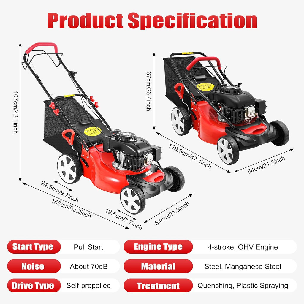 5HP 140cc Gas Lawn Mower, 20in Self-Propelled, 8 Height Adjustments (1-3.2in), 15.9gal Bag, Red/Black for Gardens, Villas, Parks